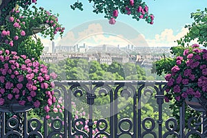AI generated illustration of a floral painting on fence, vibrant blooms cascading