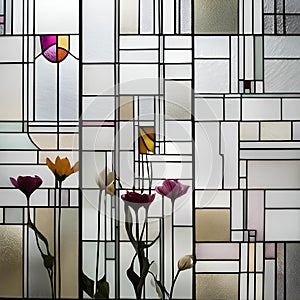 AI generated illustration of flowers in a vase by colorful stained glass windows