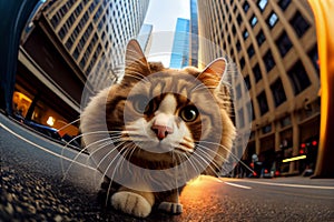 AI generated illustration of a fluffy cat on the streets of a big city looking into a fisheye lens