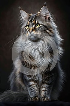 AI generated illustration of a fluffy gray Norweigan mountain cat on a black background