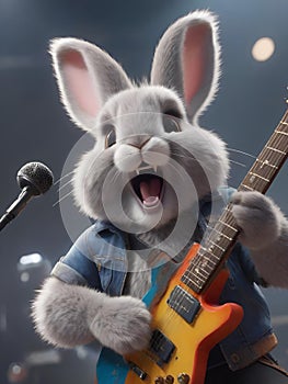 AI generated illustration of a fluffy hardrock rabbit guitarist, brutally and violently screaming photo