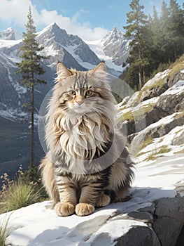 AI generated illustration of a fluffy tabby cat sitting on a rock in mountains