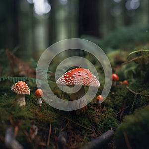 AI generated illustration of fly agaric fungi growing in a forest with a blurry background