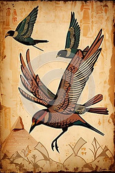 AI generated illustration of flying birds in the style of Egyptian art