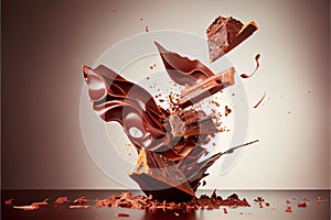 AI generated illustration of flying pieces of crushed chocolate pieces with liquid chocolate