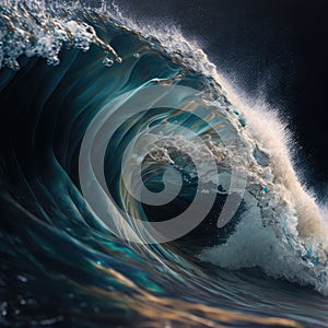 AI generated illustration of a foamy strong tidal wave in the ocean