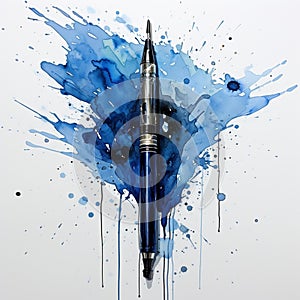 AI generated illustration of a fountain pen with a vibrant blue ink splatter