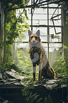 AI generated illustration of a fox sitting in a room with overgrown plants
