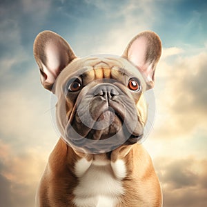 ai generated illustration of French bulldog, light brown, close up portrait on cloudy sky background
