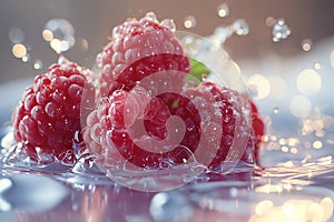AI generated illustration of fresh raspberries floating on water surface during washing process