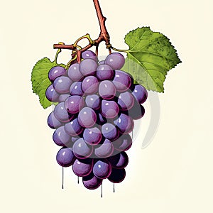 AI generated illustration of a fresh, ripe bunch of purple grapes attached to a green vine