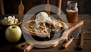 AI generated illustration of a freshly-baked, homemade apple pie with a scoop of ice cream on top