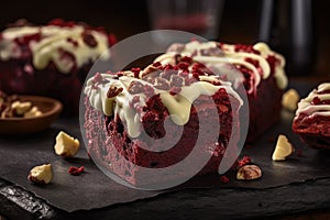 AI generated illustration of freshly-baked red velvet cakes adorned with white frosting