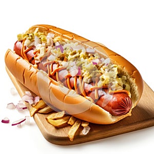 AI generated illustration of a freshly prepared hotdog on a cutting board