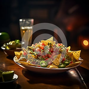 AI generated illustration of a freshly prepared plate of nachos served on a rustic wooden table
