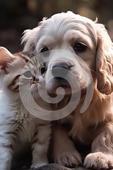 AI generated illustration of a friendly cat and dog snuggling together
