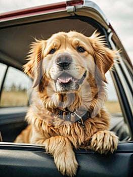 AI generated illustration of a friendly Golden Retriever looking out of a car