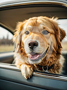 AI generated illustration of a friendly Golden Retriever looking out of a car