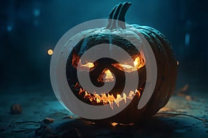 AI generated illustration of a frightful jack-o-lantern carved from a pumpkin