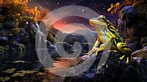 AI generated illustration of a frog perched on a rock near a pond