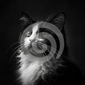 AI generated illustration of a furred cat in grayscale