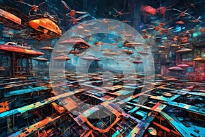 AI generated illustration of a futuristic city skyline with technologically advanced aircrafts