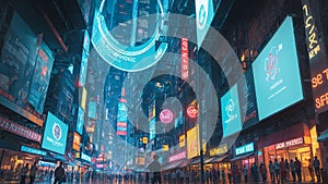 AI generated illustration of futuristic city street with neon signs and a bustling atmosphere