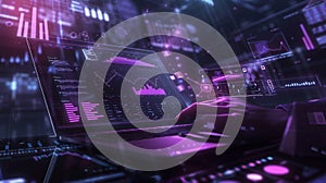 AI generated futuristic data analytics dashboard with holographic technology interface