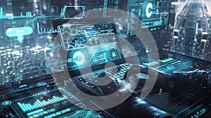 AI generated futuristic command center dashboard with holographic data interface