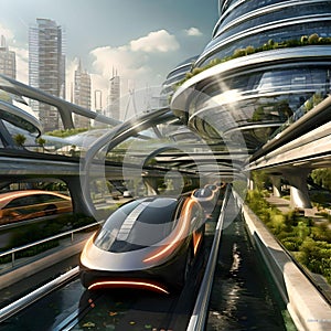AI generated illustration of futuristic eco-friendly commute, hydro-land fusion infrastructure
