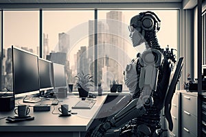 AI generated illustration of a futuristic robot man sitting in front of a computer in a room