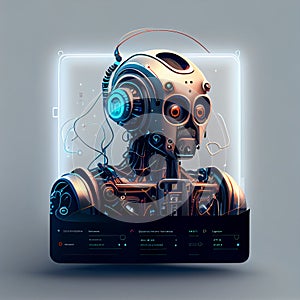 AI-generated illustration of a futuristic sci-fi robot against a grey background.