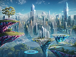 AI generated illustration of a futuristic, science fiction planet with modern buildings in the sky