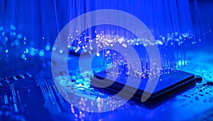 Futuristic Artificial Intelligence Processor Chip with Fiber Optic Data Streams and Semiconductor Technology
