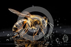 AI generated illustration of a fuzzy honeybee on a wet surface