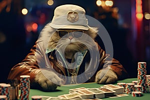 AI generated illustration of a gangster cat in sunglasses, cap, sitting at a poker table