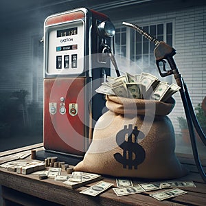 AI-generated illustration of a gas pump and a bag of paper bills