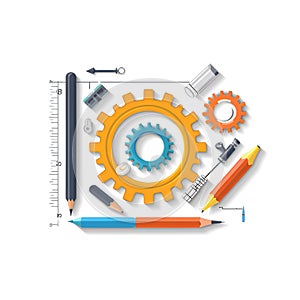 AI generated illustration of gear wheels and pencils on the white background