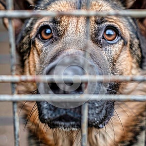 AI generated illustration of German shepherd dog behind a metal fence, gazing with emotive eyes