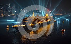AI generated illustration of a giant cruise ship sailing on river at night