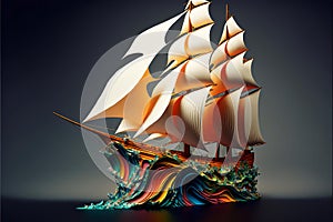 AI generated illustration of a giant origami sailboat model made of paper on a gray background