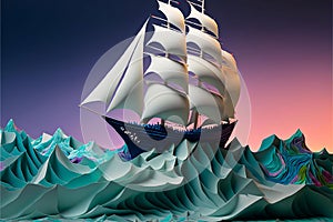 AI generated illustration of a giant origami sailboat model in the sea made of paper