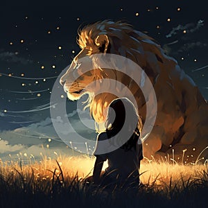 AI generated illustration of a girl sitting next to a lion under a starry night sky