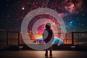 AI generated illustration of a girl standing at an observatory under the stars
