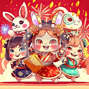 AI generated illustration of girls wearing Chinese traditional clothes in background of rabbits