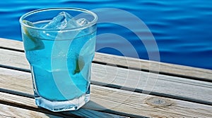 AI generated illustration of a glass of blue cocktail with ice cubes on a wooden table