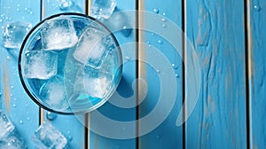 AI generated illustration of a glass of blue cocktail with ice cubes on a wooden table