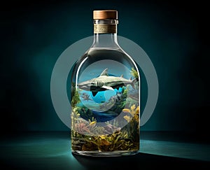 AI generated illustration of a glass bottle with marine life and a shark