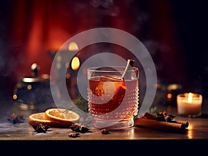 Ai-generated illustration of a glass of negroni with cinnamon and sbagliato on the bar photo