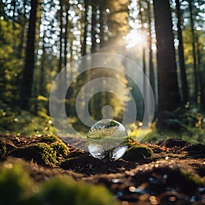 AI generated illustration of a glass orb illuminated in a sun dappled forest